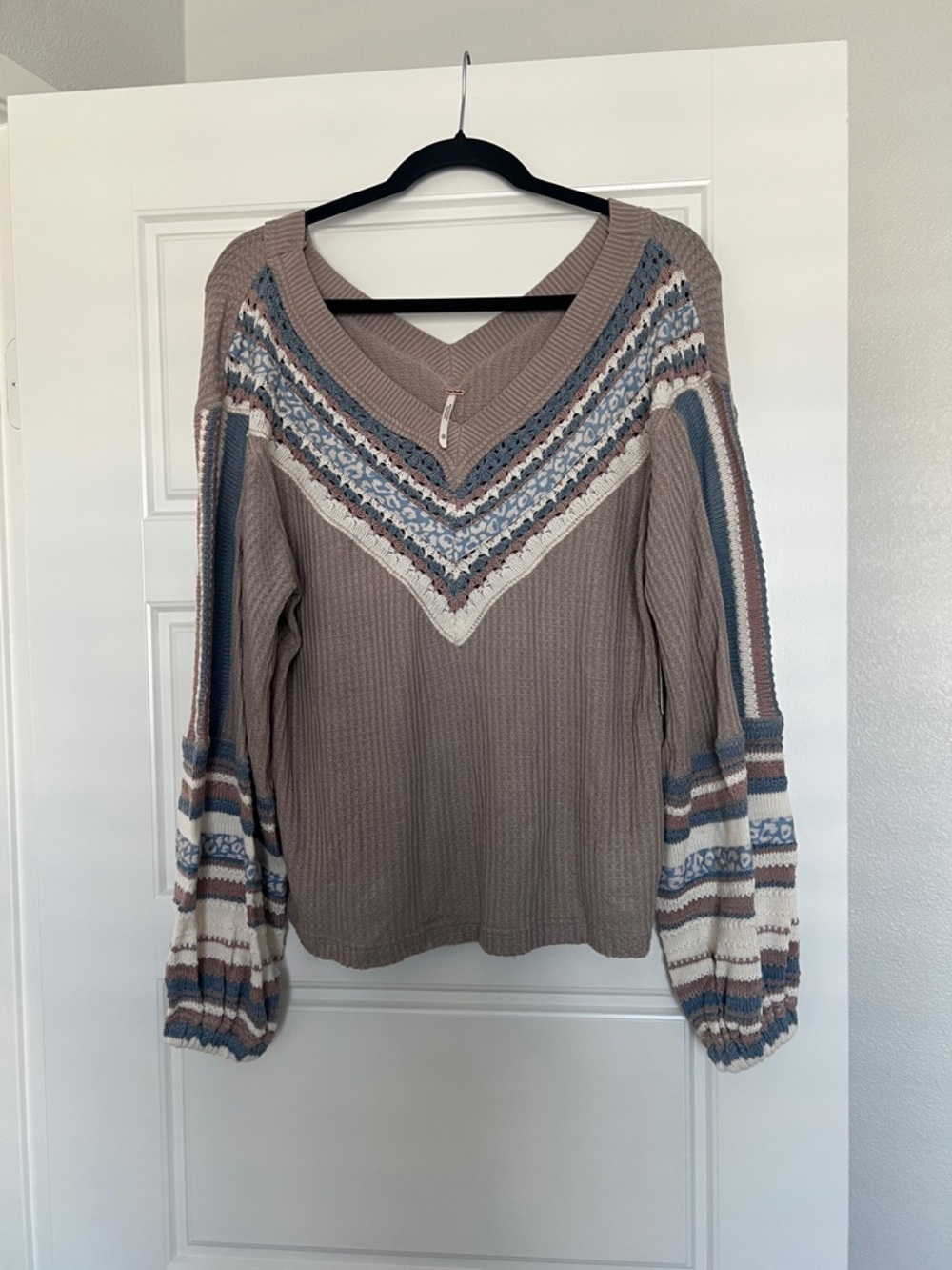 Free People Pebble Combo V-Neck Sweater in Taupe with Blue & Pink Accents